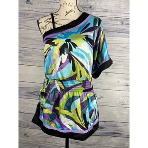 Iz Byer One Shoulder Blouson Top Womens S Smock Waist Side Slits Colorful Tunic